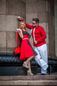 red dress and red bag