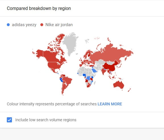 Google trends Yeezy vs Adidas by country